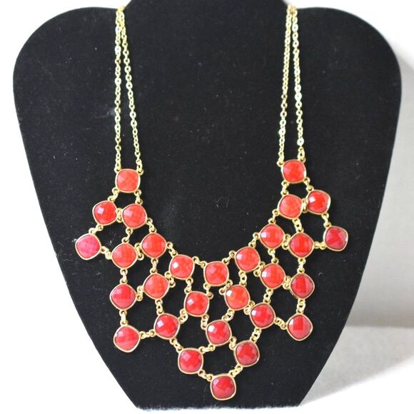 Vintage NY Acrylic Multi Strand Red Bubble Beaded Gold Tone 15" Boho Necklace - Picture 1 of 4